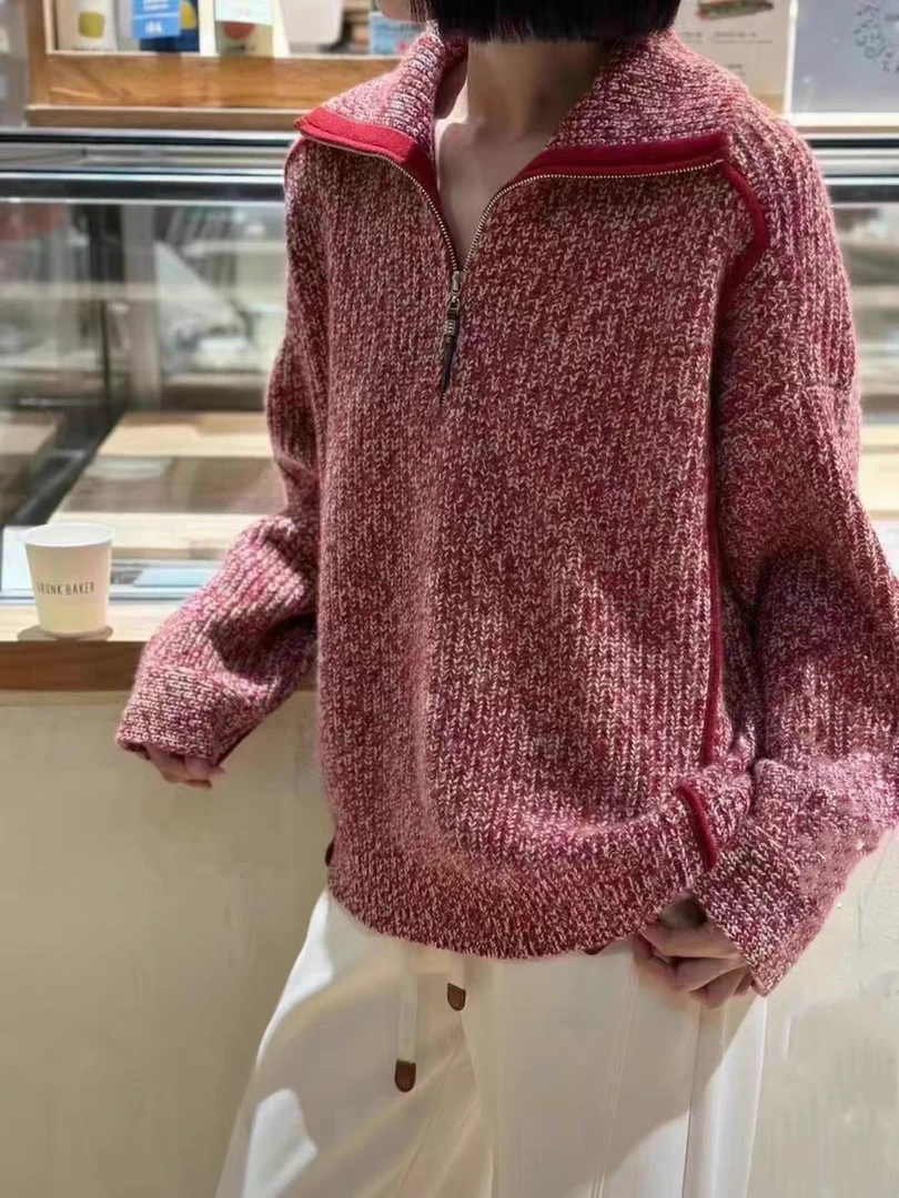 自留款五星100%纯山羊绒加厚慵懒风半拉链宽松套头毛衣