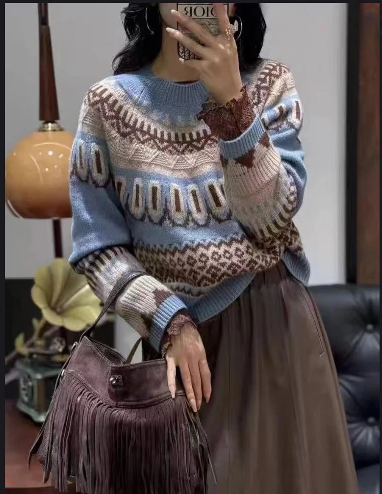 高端圆领五星100%纯山羊绒复古短款民族风毛衣