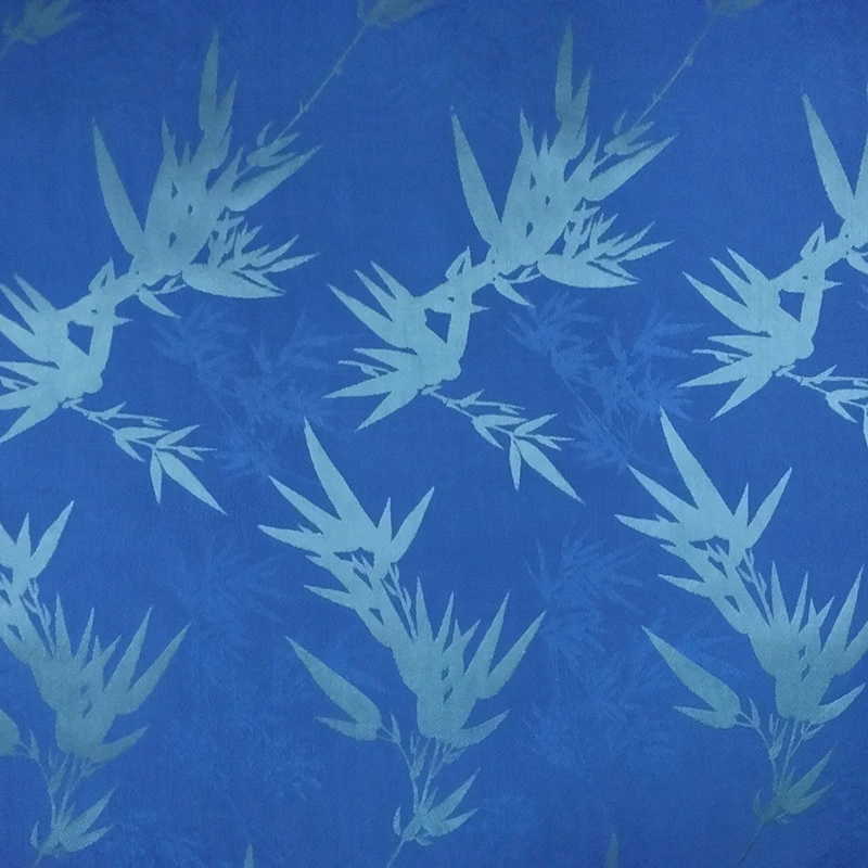 蓝色君子竹交织材料面料 时尚留香绉竹子图案混纺已染色布料