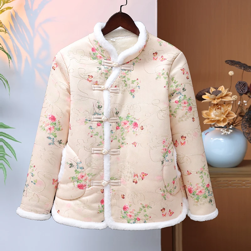 东北大花棉袄女冬季新款民族风盘扣加绒加厚小个子棉衣棉服外套女