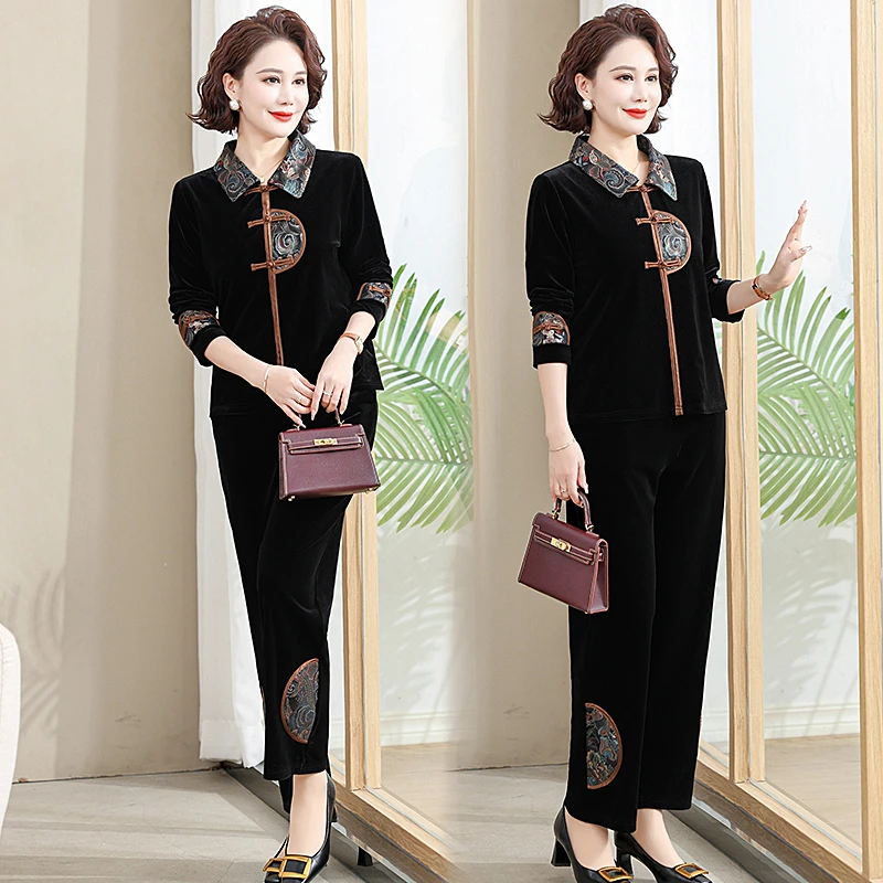 春秋款中式国风妈妈套装洋气新款中老年女秋装时尚上衣裤子两件套