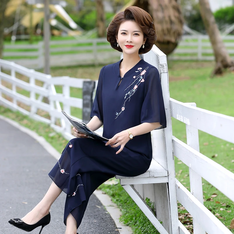 中老年妈妈装夏装套装洋气2024夏季新款老年人中国风雪纺两件套薄