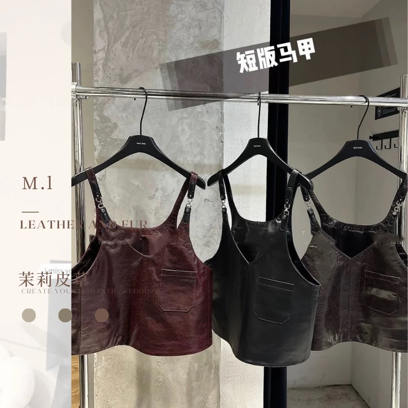 早春新款（一眼万年）真皮吊带连衣裙油蜡绵羊皮短款设计款马甲