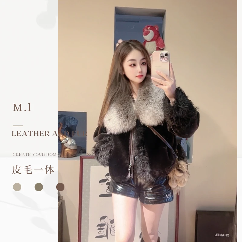 冬季新款短款洋气气质羊羔毛托卡皮毛一体狐狸毛领时尚皮草外套