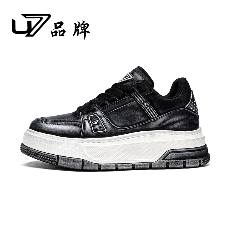 U7品牌男鞋2024年新款时尚百搭运动板鞋真皮休闲厚底男鞋