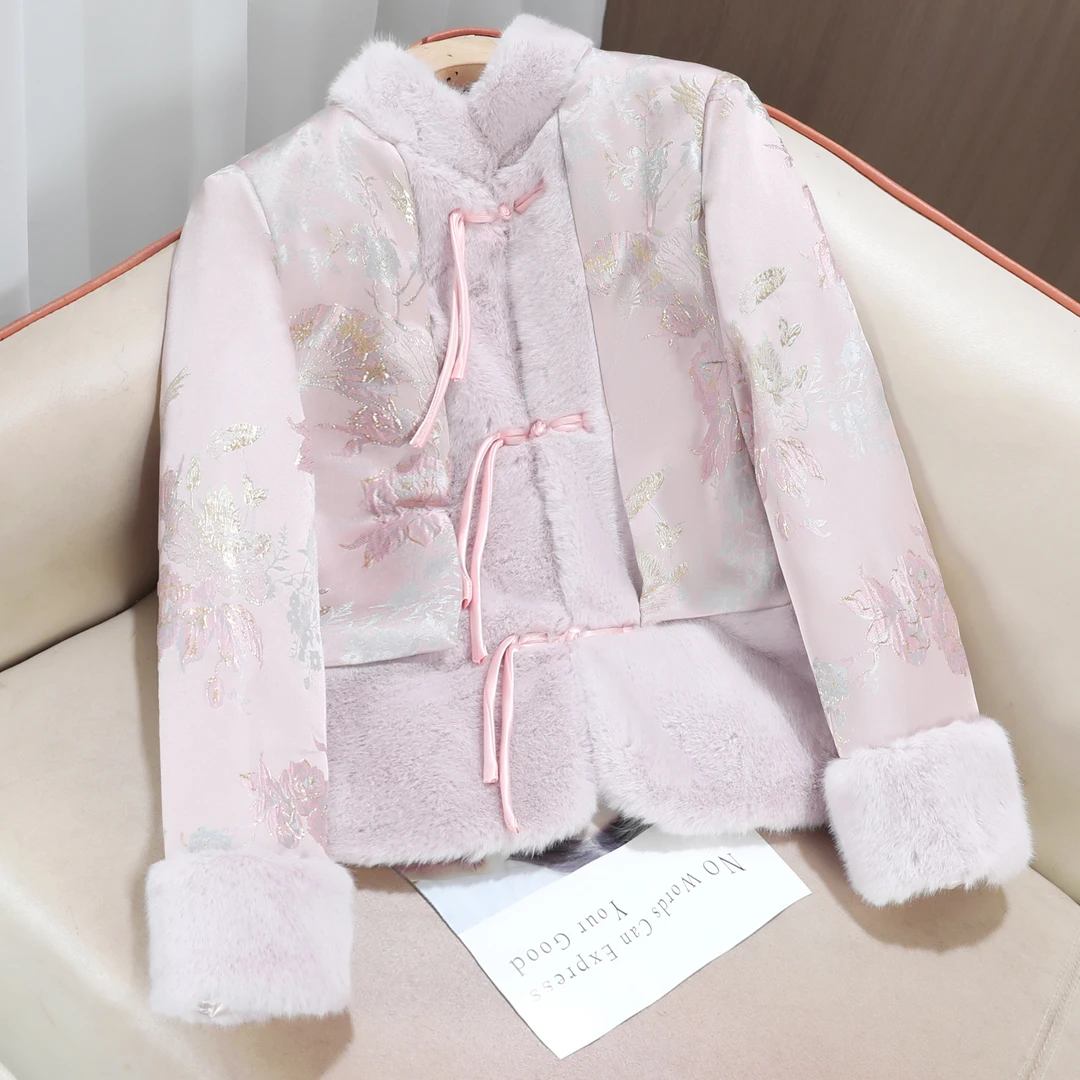 新中式国风时尚气质加绒加厚长袖立领拼接环保毛棉服女秋冬高级感