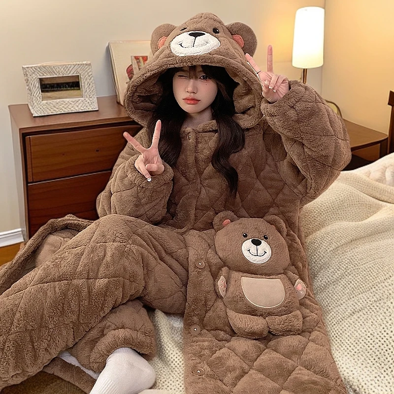 珊瑚绒睡衣女冬季加厚加绒三层夹棉睡袍2024新款法兰绒套装家居服