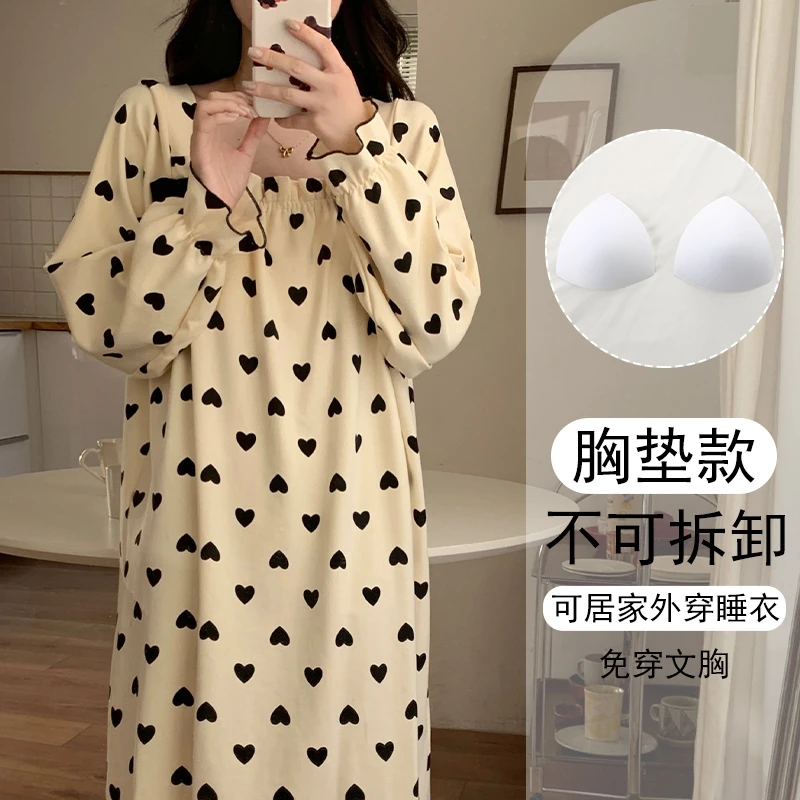 可外穿春秋季长袖睡裙女宽松带胸垫睡衣2024年新款日系大码家居服
