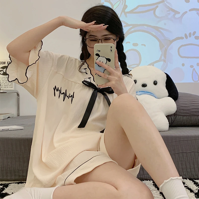 新款夏季天睡衣女可爱公主风短袖帕恰狗泡泡棉纱布大码套装家居服