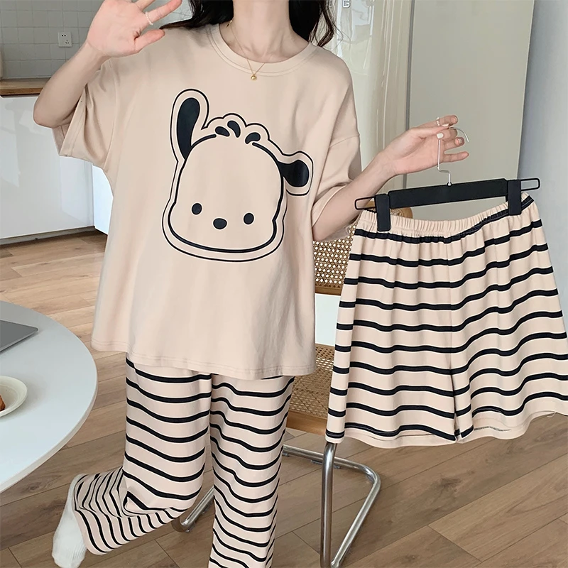 网红风新款帕恰狗短袖条纹夏季睡衣三件套装可爱卡通大码女家居服