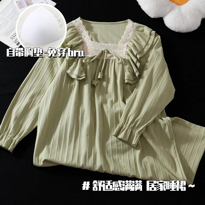 可外穿长袖带胸垫睡裙爆款2024新款睡衣舒适甜美宽松春秋学生宿舍