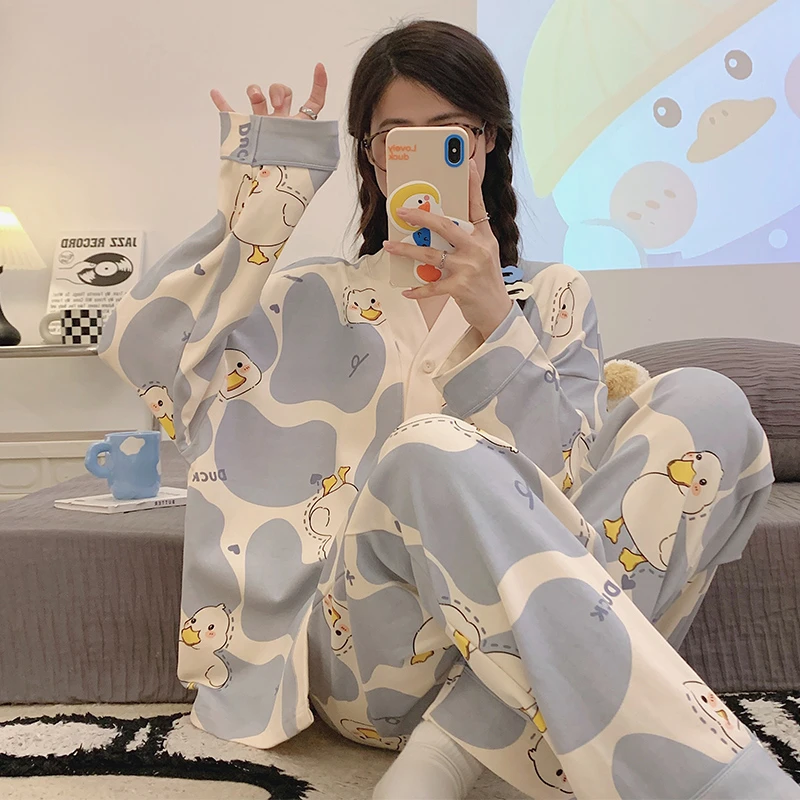 春秋季天2024新款长袖睡衣女士两件套装可爱卡通大码网红风家居服