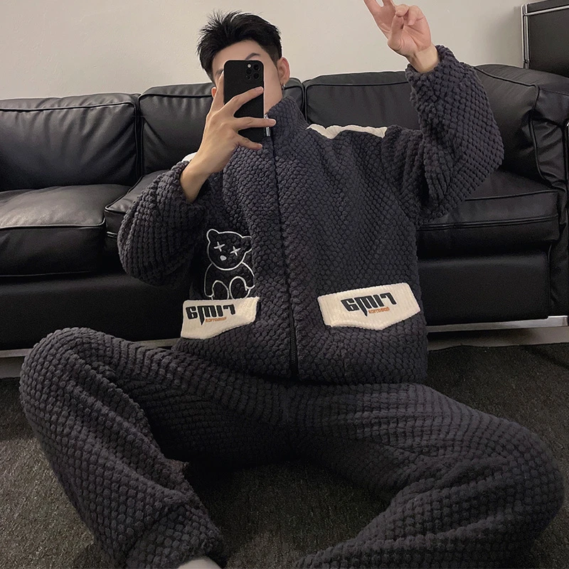 睡衣男新款冬季加绒珊瑚绒两件套法兰绒套装大码保暖家居服可外穿