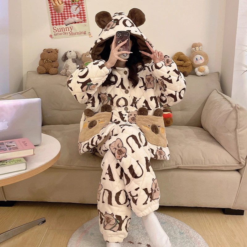 睡衣女冬珊瑚绒加厚加绒保暖套装2024年新款三层夹棉法兰绒家居服