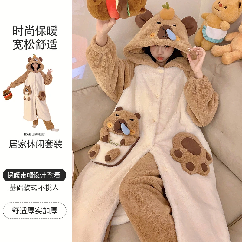 珊瑚绒睡袍女2024年新款秋冬季法兰绒加绒加厚保暖家居服睡衣套装