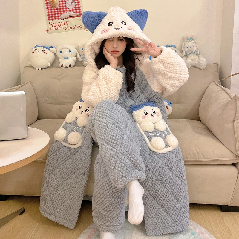 法兰绒睡衣女冬加厚加绒套装2024年新款三层夹棉睡袍珊瑚绒两件套