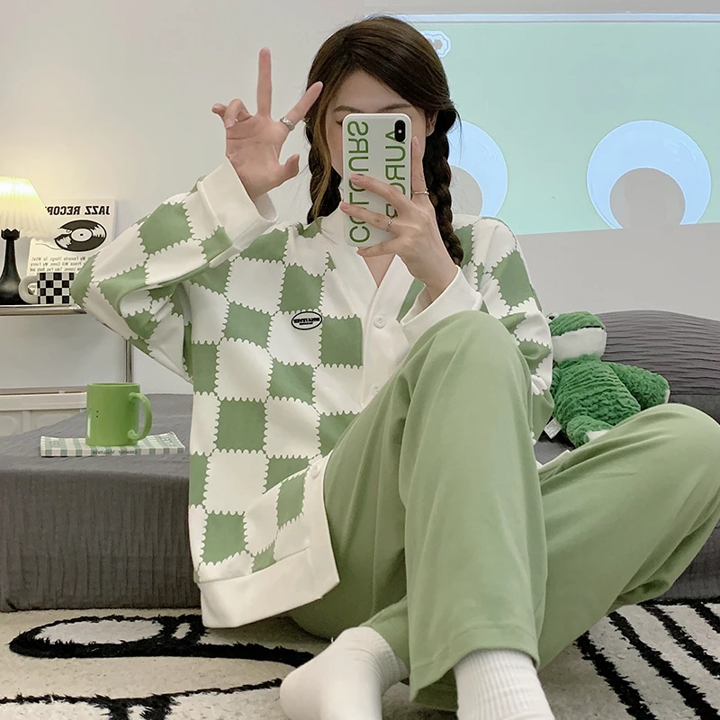 春秋季天新款大码开衫长袖长裤家居服卡通甜美风睡衣女生大码套装