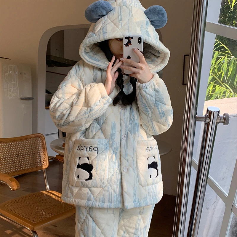 睡衣女冬珊瑚绒加厚加绒2024年新款保暖三层夹棉法兰绒家居服套装