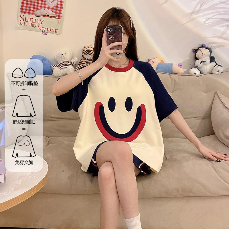 可外穿睡衣女夏季家居服带胸垫大码学生短袖2024新款简约宽松套装