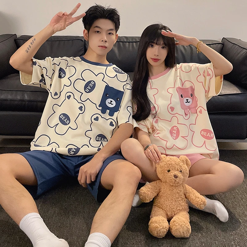 情侣睡衣家居服夏季2024年新款高颜值可外穿大码短袖可爱风两件套