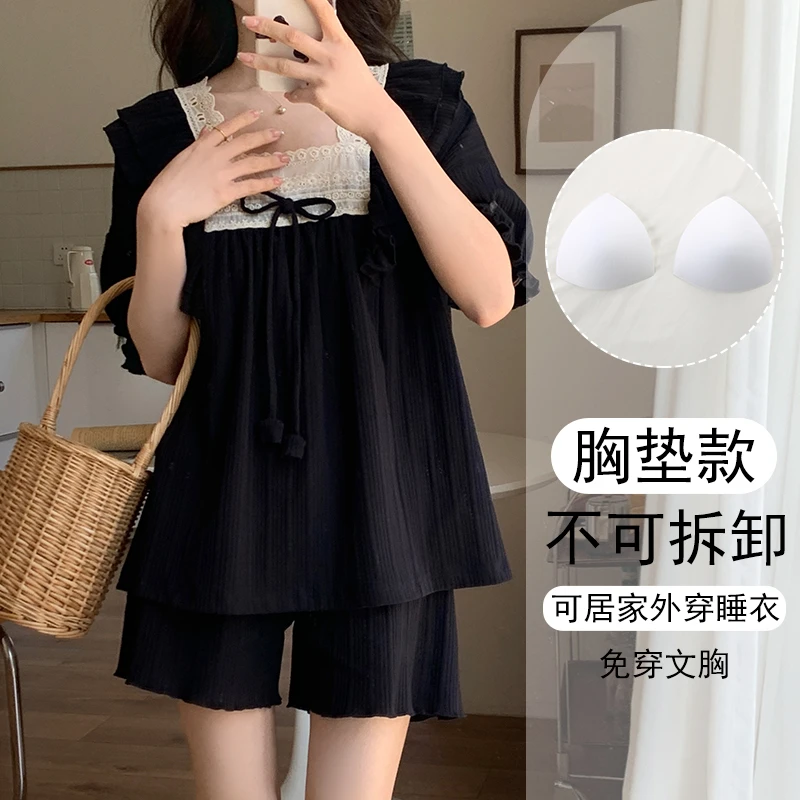 可外穿睡衣女夏天带胸垫宽松短袖学生简约家居服2025新款大码套装