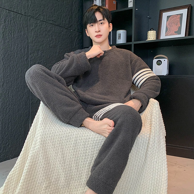 秋冬睡衣男2024年新款半边绒加绒加厚珊瑚绒可外穿保暖家居服套装