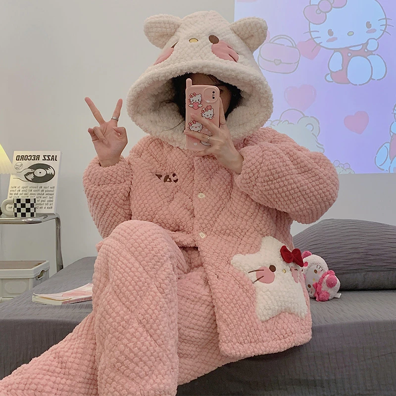 法兰绒睡衣女冬季加绒加厚可外穿珊瑚绒新款2024年三层夹棉家居服