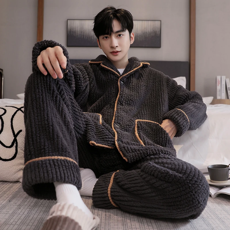 睡衣男冬季2024年新款珊瑚绒法兰绒加绒加厚保暖可外穿套装家居服