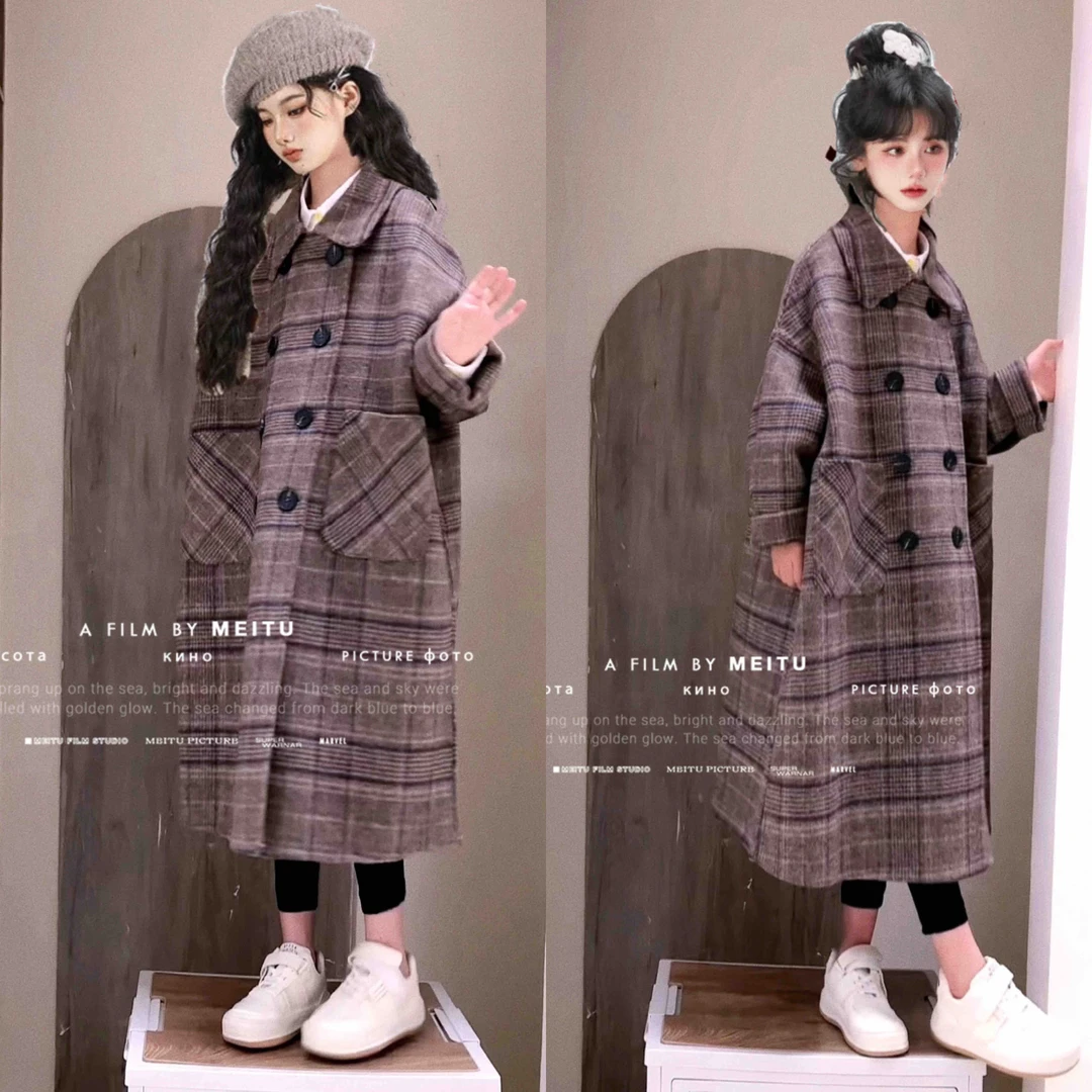 手工双面呢新款宽松格子呢大衣 亲子装过膝