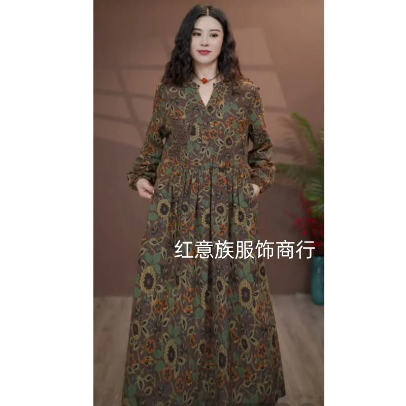 秋装碎花长裙宽松气质休闲遮肉拼接收腰显瘦女装【连衣裙311】