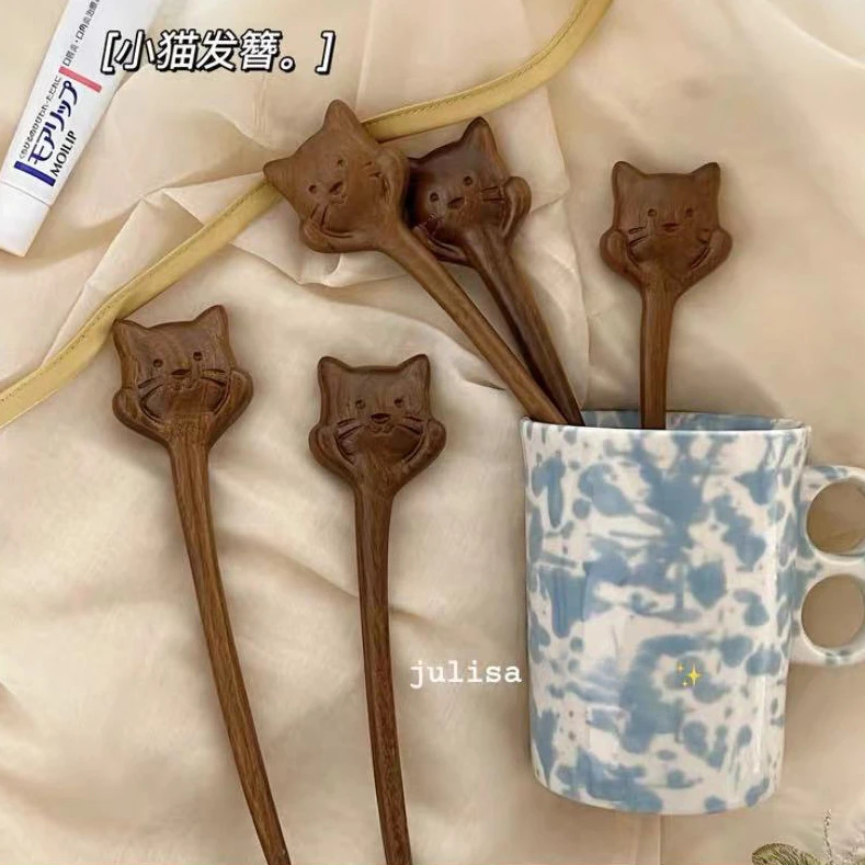 天然檀木抱抱小猫咪发簪女木质香味优雅古风盘发簪子装扮发饰简约