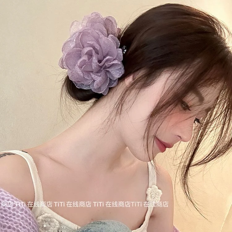今世戴花~网纱多色玫瑰抓夹女2024高级感发夹后脑勺优雅鲨鱼夹子~