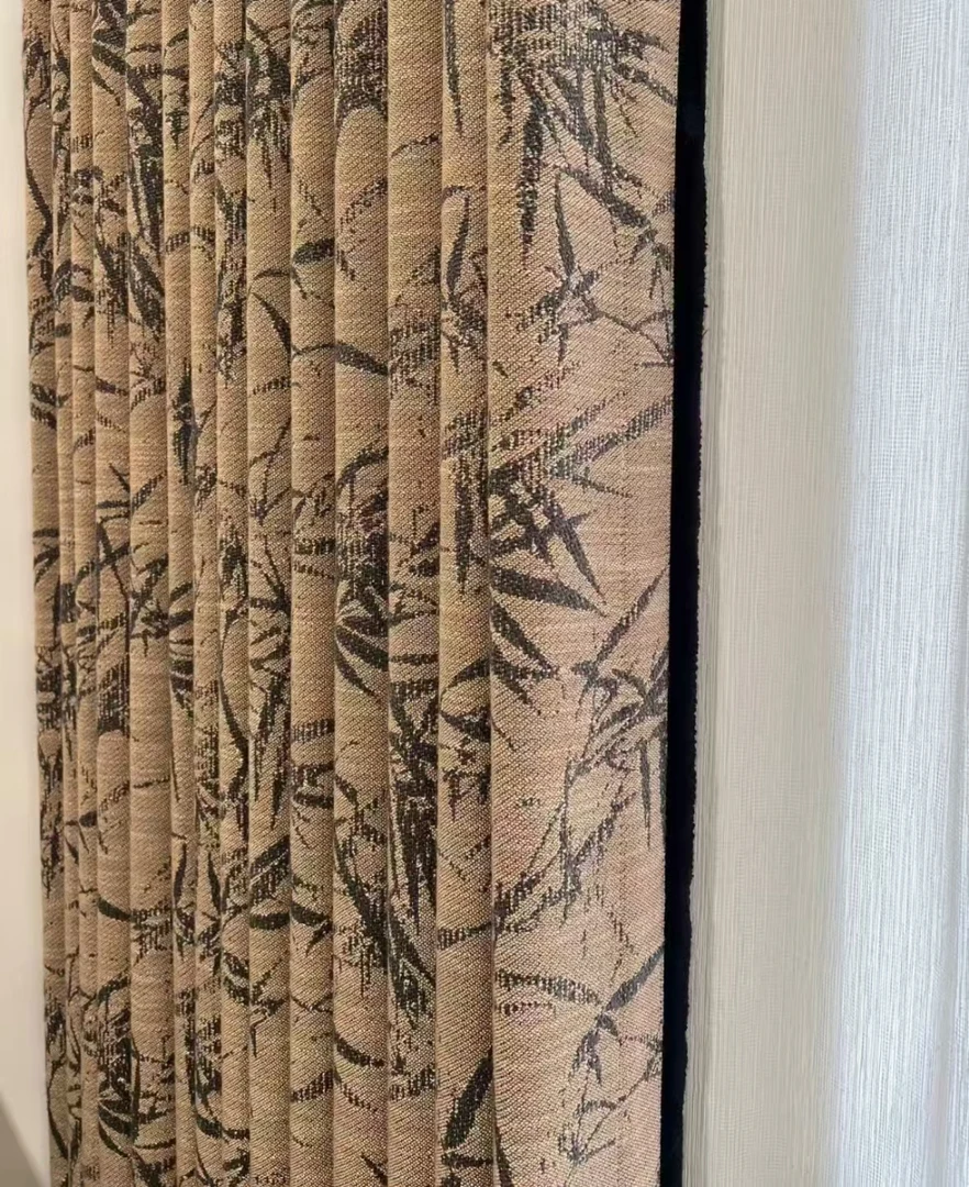 中式国风竹子棉麻提花棕色法式复古中古风高端遮光窗帘成品定制