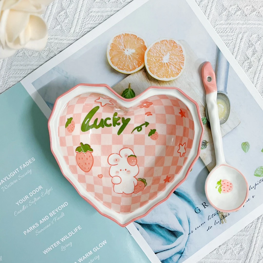 【草莓兔1碗1勺】爱心碗沙拉碗勺子套装陶瓷儿童餐具釉下彩餐具碗勺