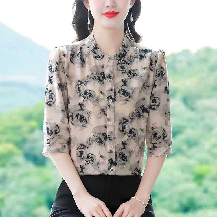时尚七分袖印花女2024夏季新款宽松洋气衬衣碎花减龄小衫女1