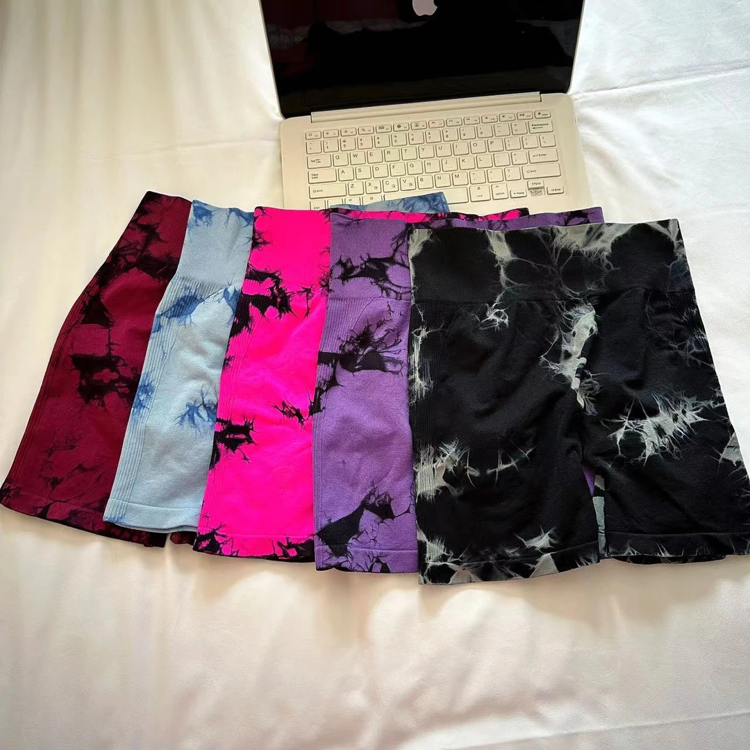 户外健身服女款收腹高腰提臀扎染瑜伽短裤蜜桃臀速干运动三分裤