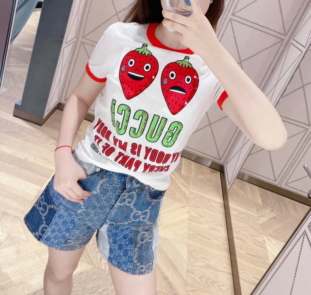 未使用 GUCCI/古驰 女款 白色 玛丽莲梦露 草莓T桖  短袖