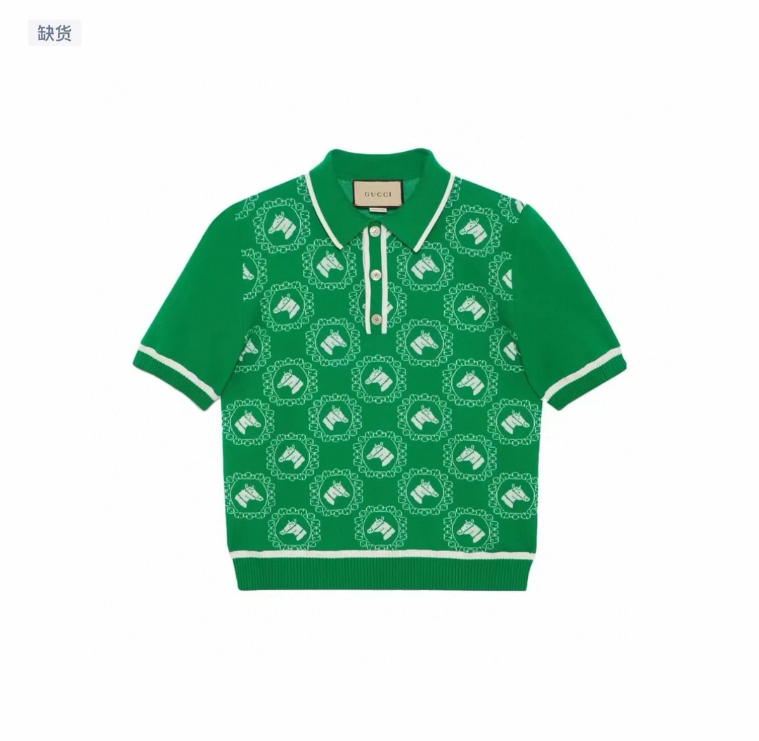 未使用 GUCCI/古驰 绿色马头刺绣羊毛和棉混织POLO衫 短袖