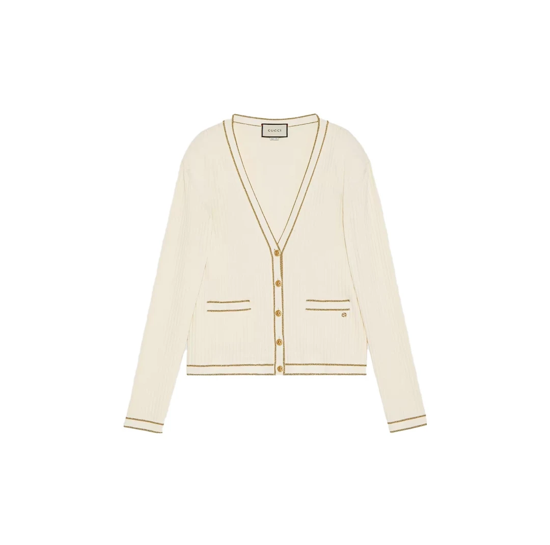 全新未使用 GUCCI/古驰 女款 米色金边针织开衫