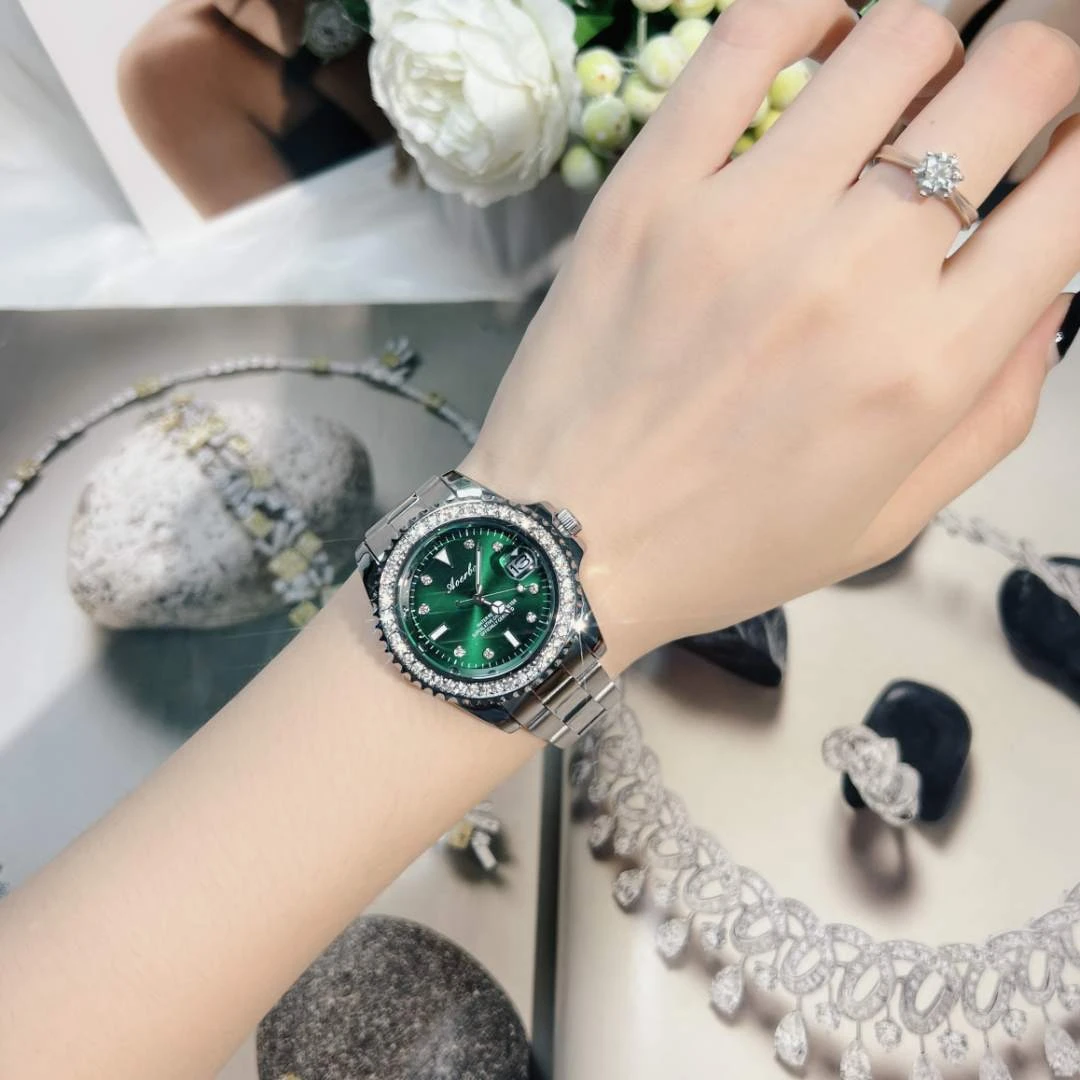 AOERBO澳尔博防水轻奢满钻夜光日历全自动石英女士腕表3193L防水