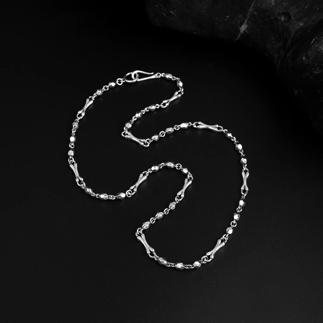 链子925银  复古时尚韩版骨石项链百搭项链男女同款简约个性素链