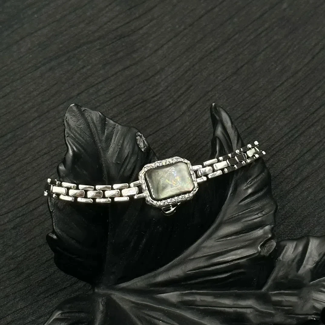 925银手链 S925银女皇牌黑贝双面表带手链 时尚休闲简约HSL002