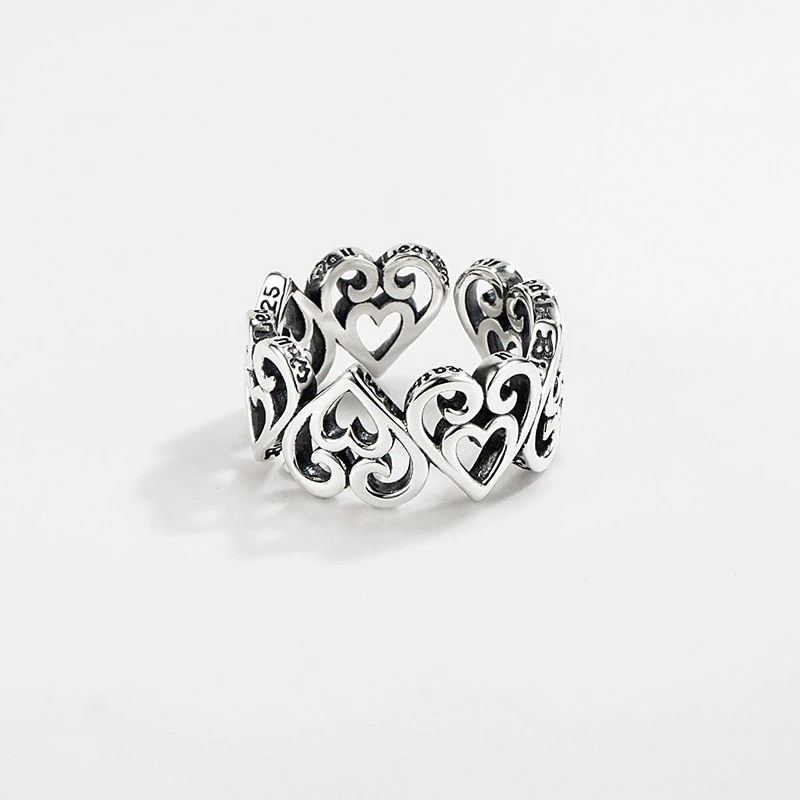 925银戒指 ins设计师对心爱心戒指复古做旧重工高级感时尚百搭