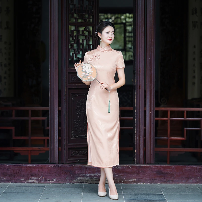 YS002旗袍春季新款粉色年轻款真丝高端桑蚕丝中国风改良日常可穿