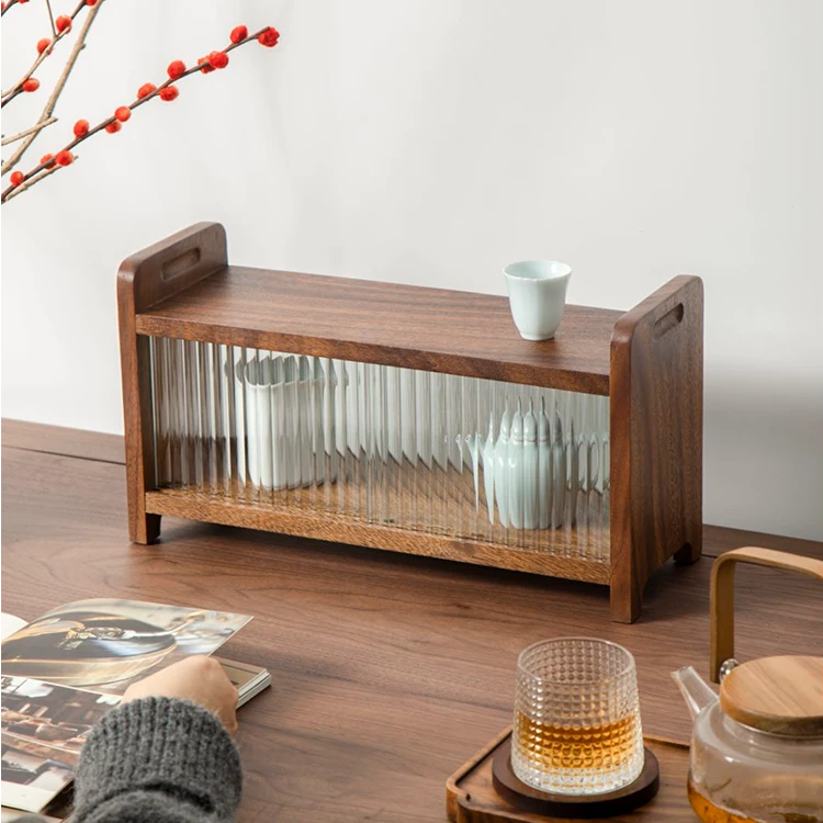 南美胡桃木木质桌面置物架子咖啡茶叶置物架置物架长虹玻璃柜多层