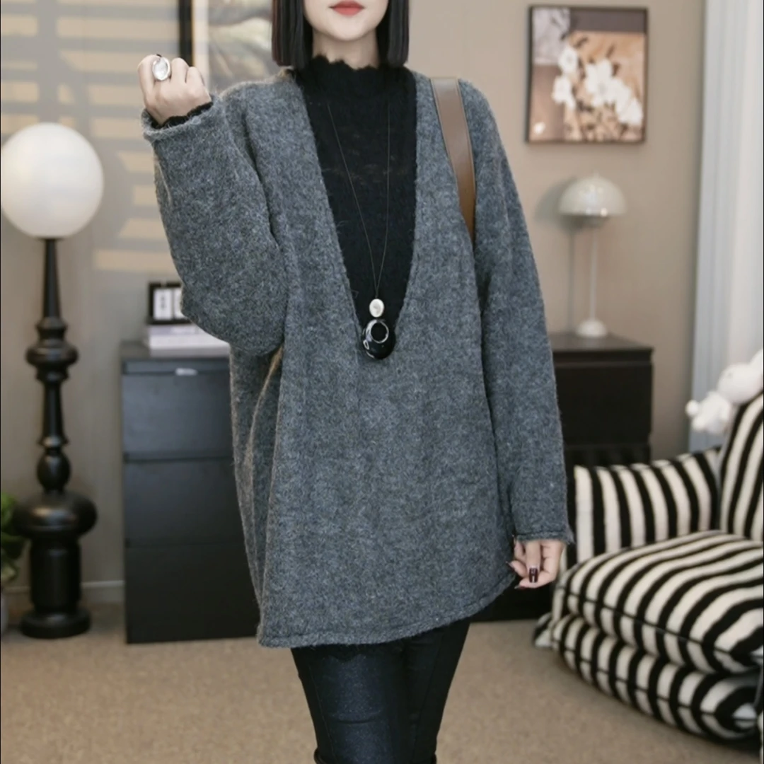 SZ&时尚慵懒风长袖深V领洋气套头毛衣H241#秋冬纯色百搭针织毛衣