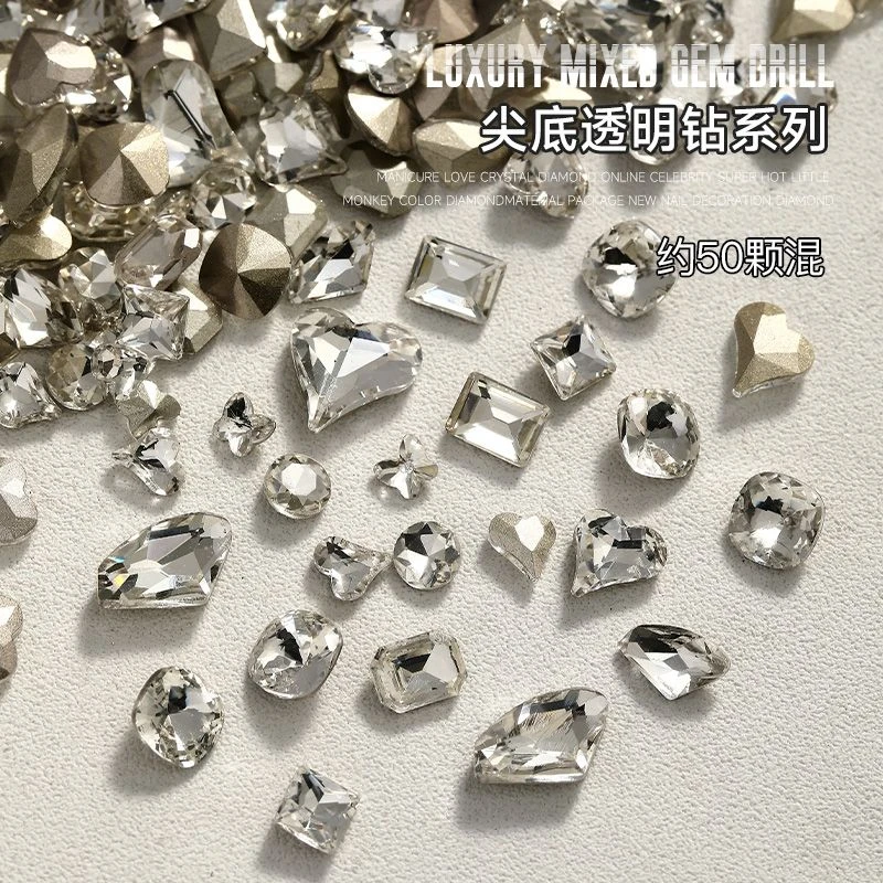 【菊籽老师推荐】50颗美甲异形钻水晶玻璃透明尖底歪心指甲装饰品
