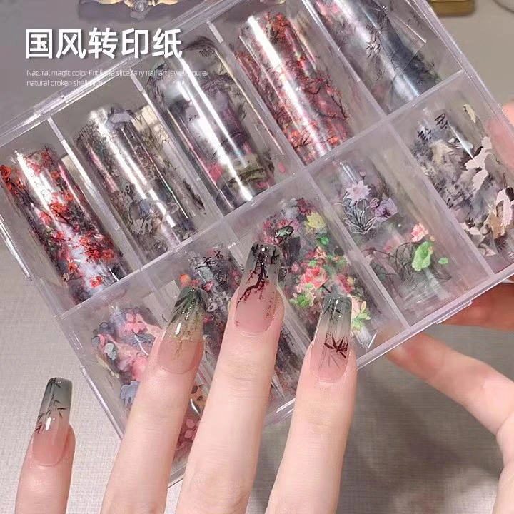 【菊籽老师推荐】新中式国风墨竹美甲转印纸仙鹤梅花转印胶指甲装饰