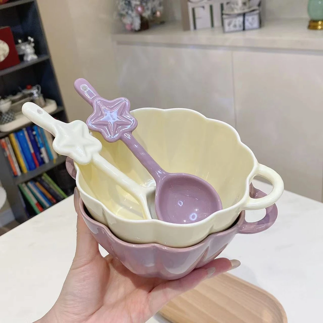 【新疆商超清】奶油风fufu+紫色双耳南瓜陶瓷早餐碗 甜品碗燕麦片碗