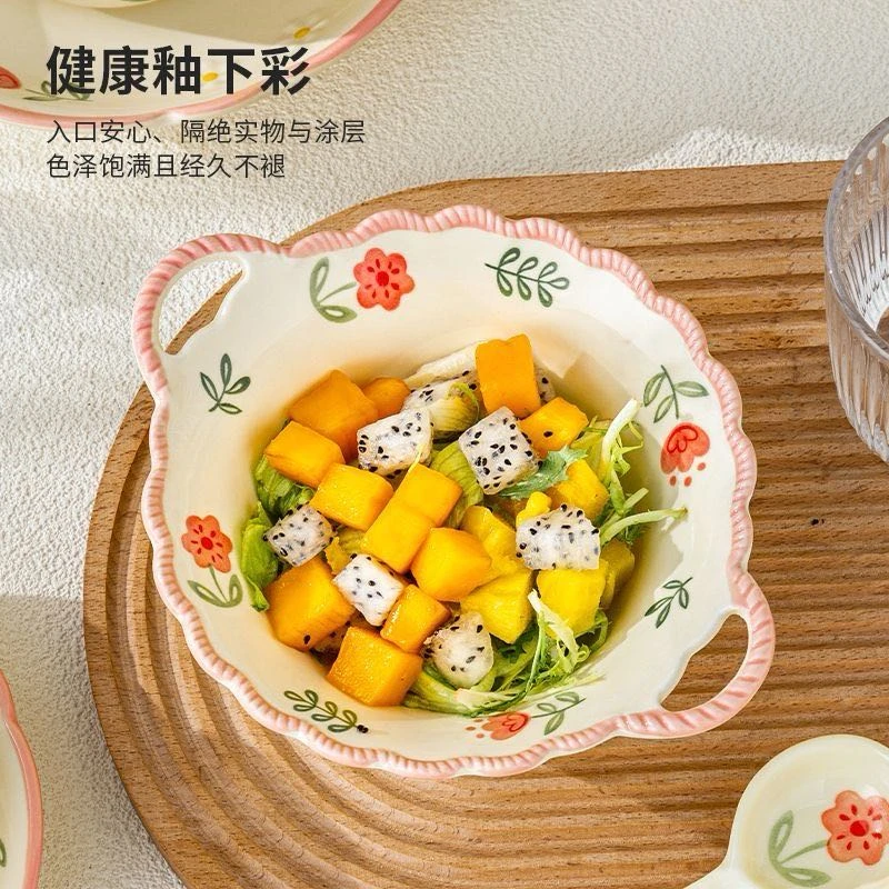 【新疆商超清】四季花海7.5英寸双耳汤饭碗 沙拉碗 高温釉下彩陶瓷